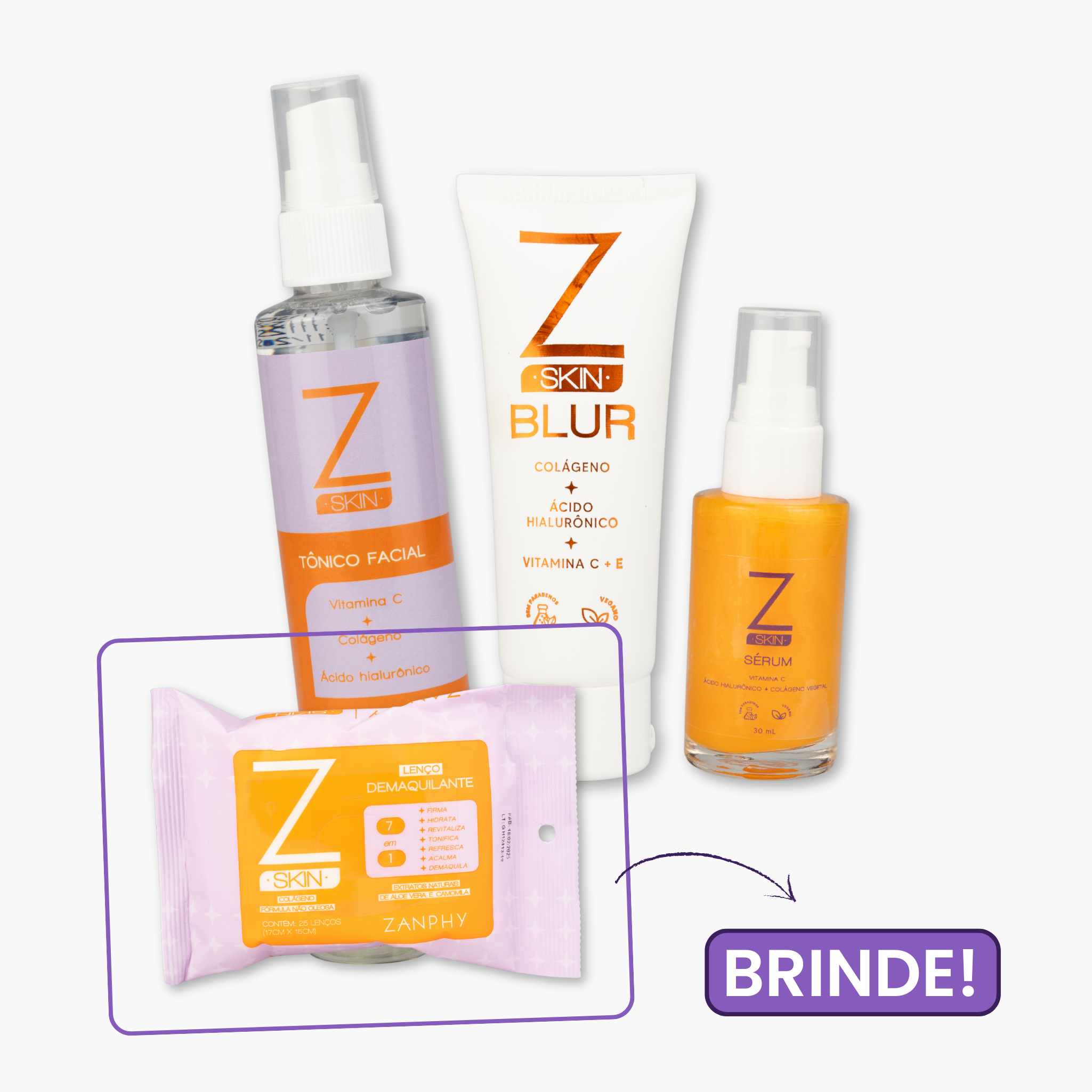 Kit Skincare Zanphy com Vitamina C – Limpeza, Tratamento e Efeito Blur
