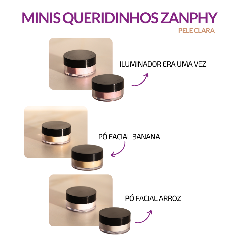 KIT MINIS QUERIDOS ZANPHY PÓ FACIAIS E ILUMINADOR  - PARA PELE CLARA