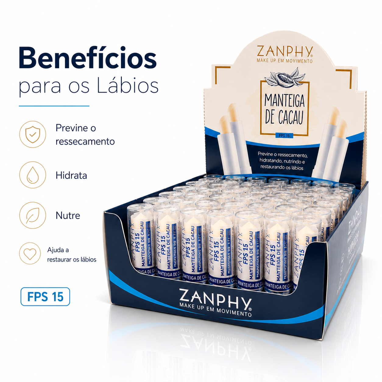 Kit 100 Manteigas de Cacau Zanphy Bastão FPS 15 Protetor Labial Hidratante