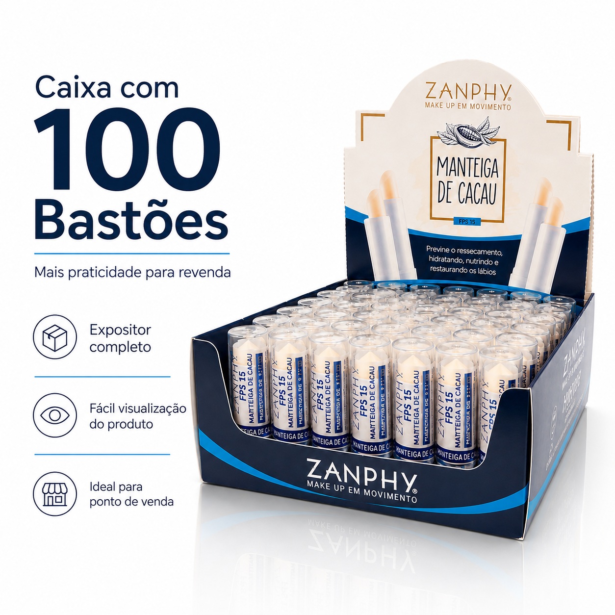 Kit 100 Manteigas de Cacau Zanphy Bastão FPS 15 Protetor Labial Hidratante