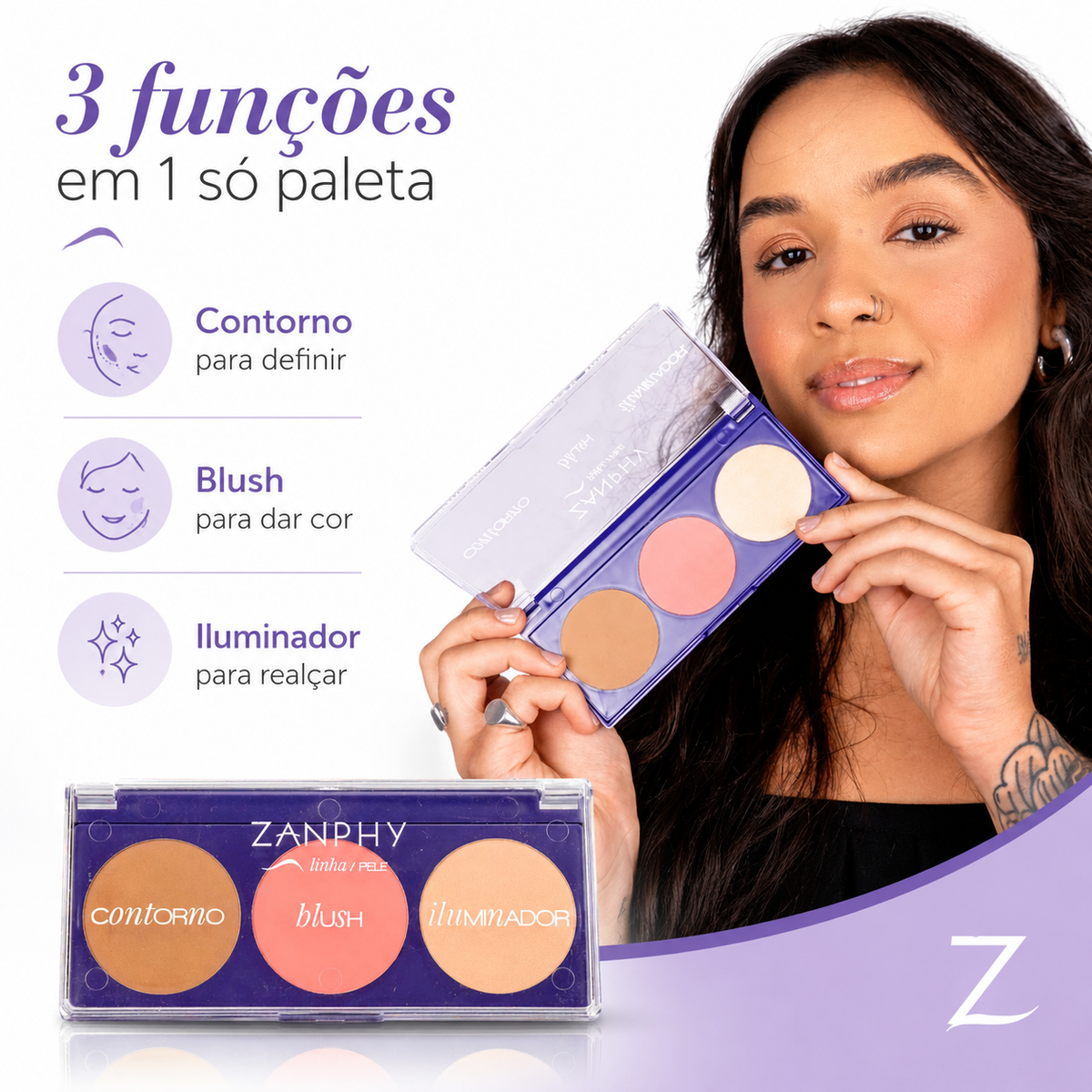 Paleta Multifuncional Trio 3 em 1 Blush Contorno e Iluminador