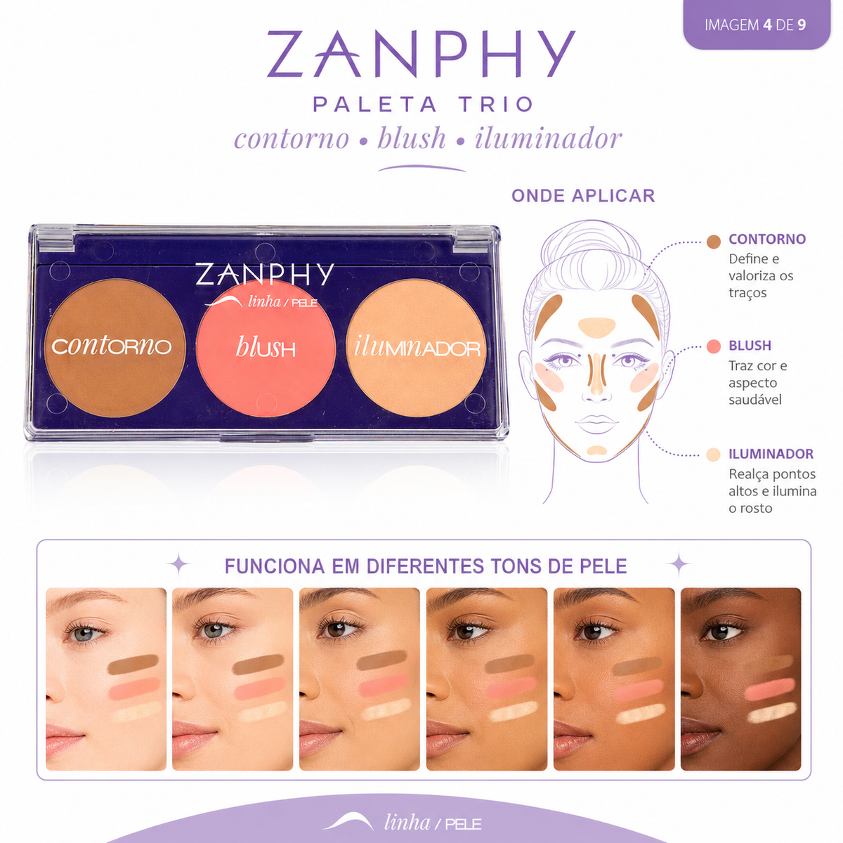 Paleta Multifuncional Trio 3 em 1 Blush Contorno e Iluminador