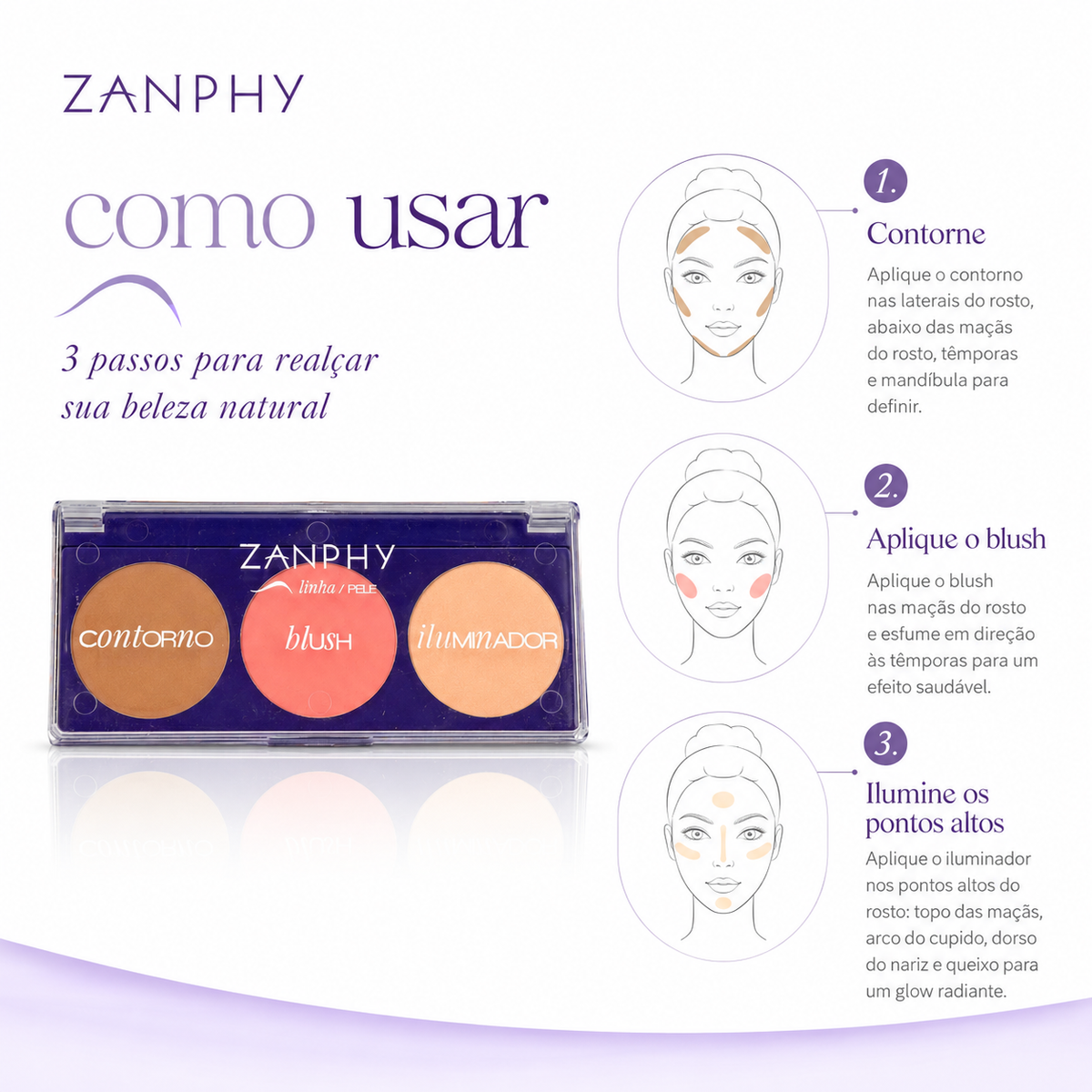Paleta Multifuncional Trio 3 em 1 Blush Contorno e Iluminador